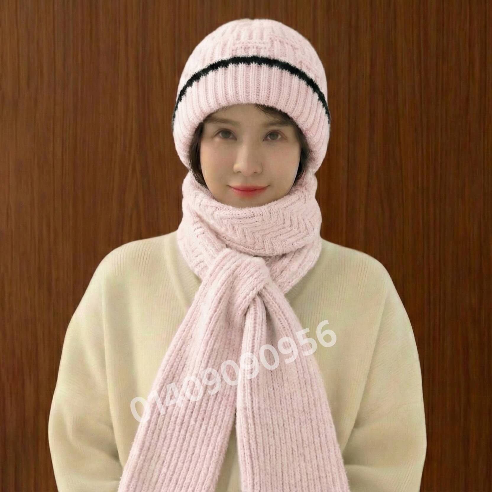 Windproof Cap with Scarf (Light Pink & Black)