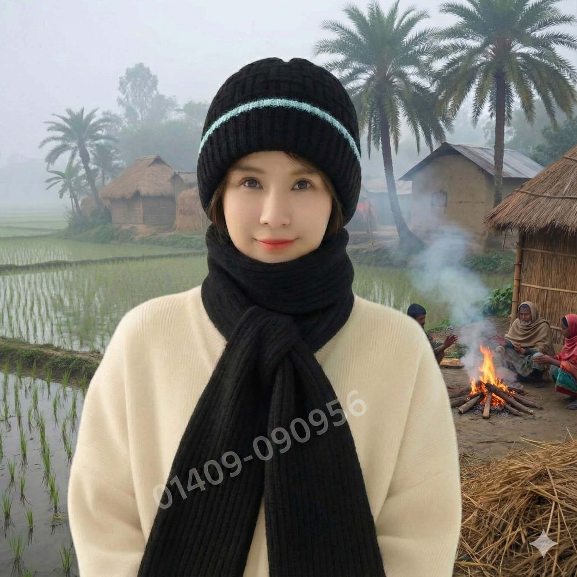 Windproof Cap With Scarf (Black & Sky Blue)