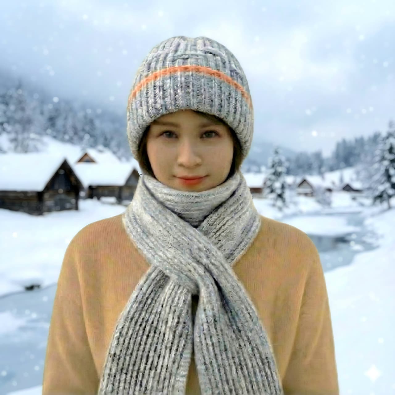 Windproof Cap With Scarf (Ash & Peach)